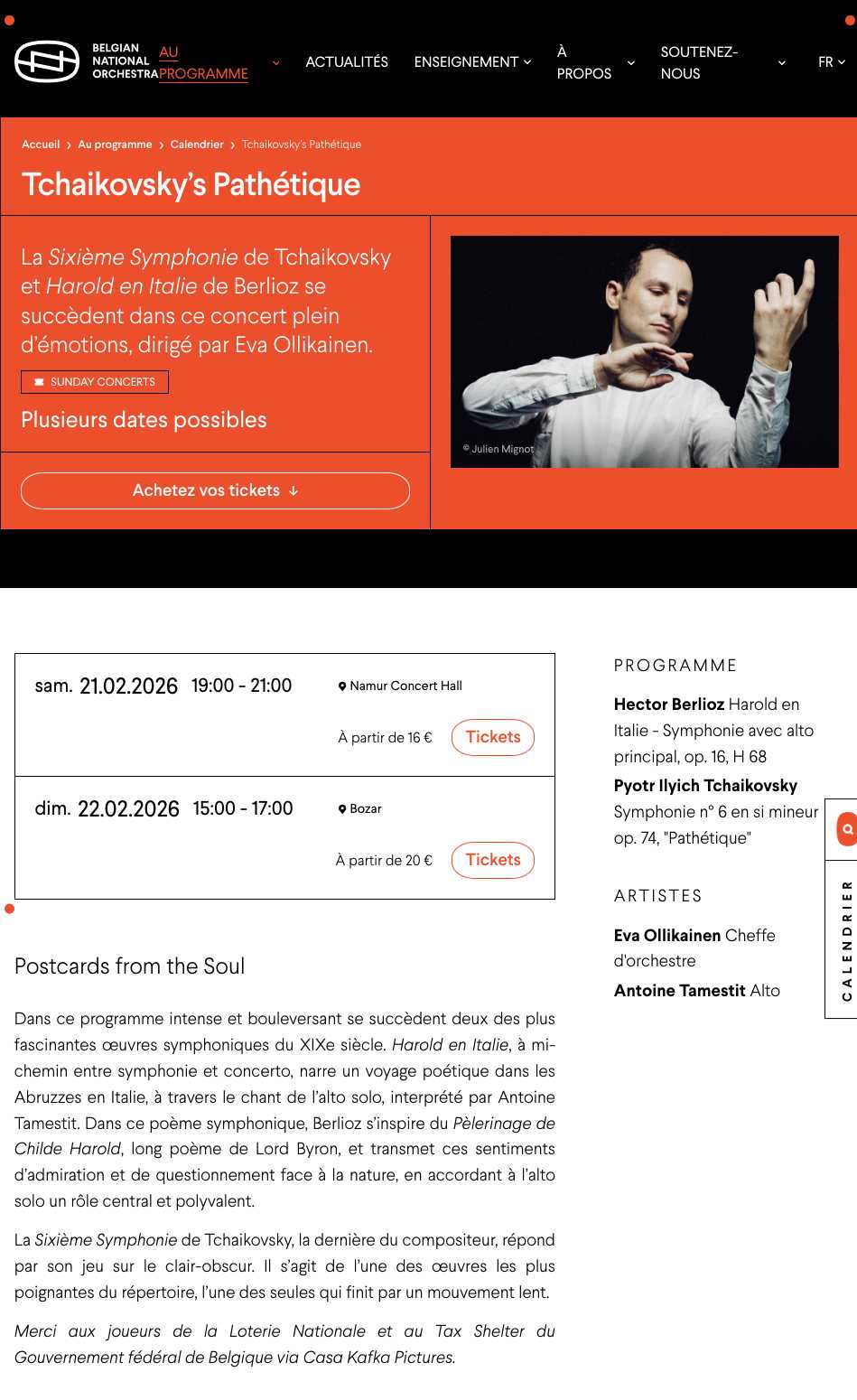 Page Internet. Namur Concert Hall, Bozar.  Belgian National Orchestra. Tchaikovsky|s Pathétique. 2026-02-21